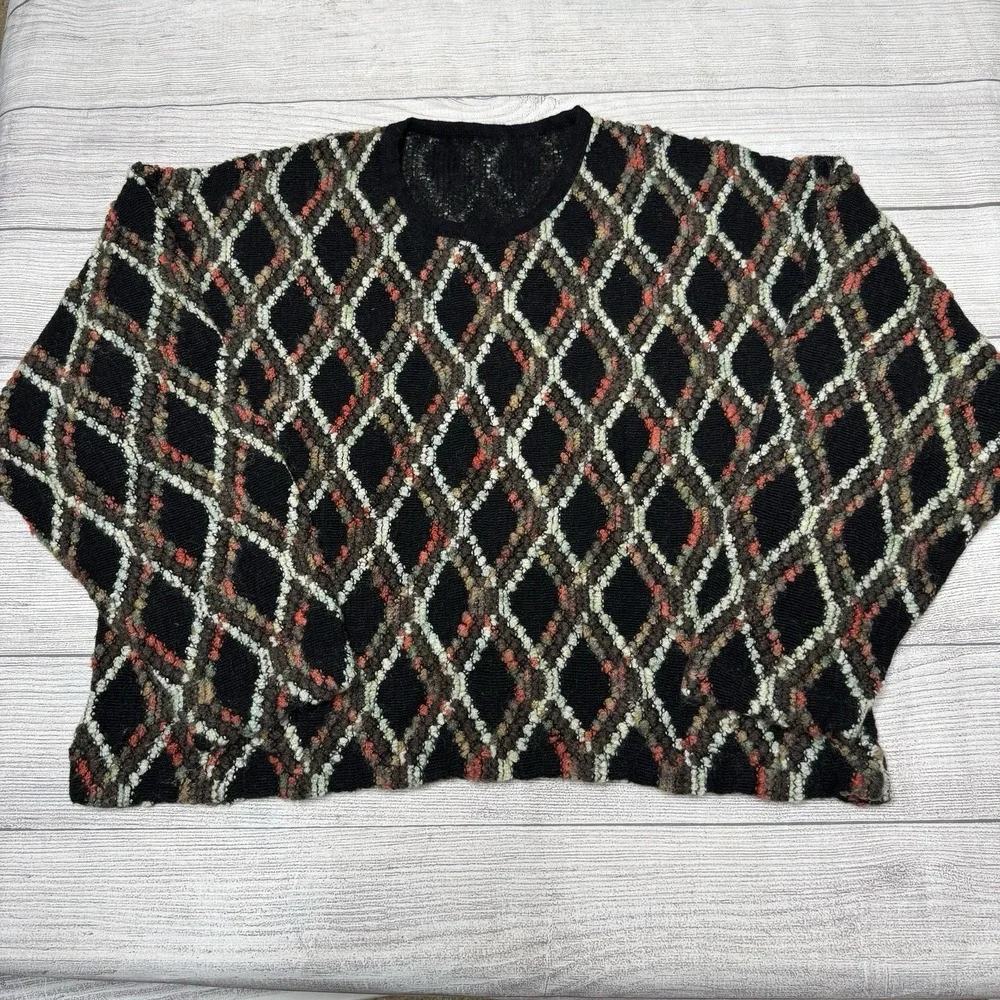 Vintage Italian Wool‎ Blend Sweater Geometric Diamond Knit Black Multicolor Crew